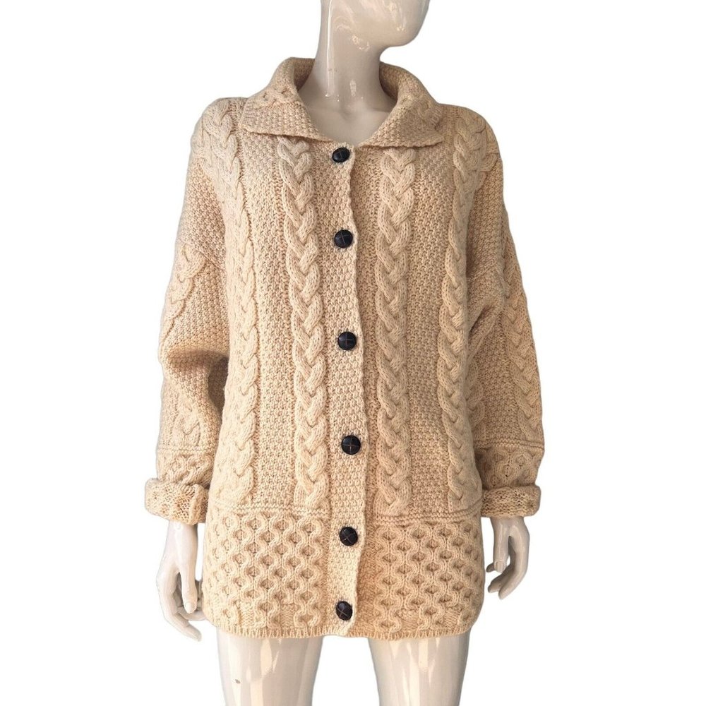 Aran Crafts Ireland Wool Cable Knit Cardigan Sweater Cream